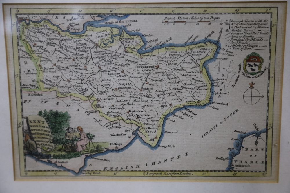Kip after Badslade & Harris, an engraving of Penshurst from the History of Kent and three framed maps,